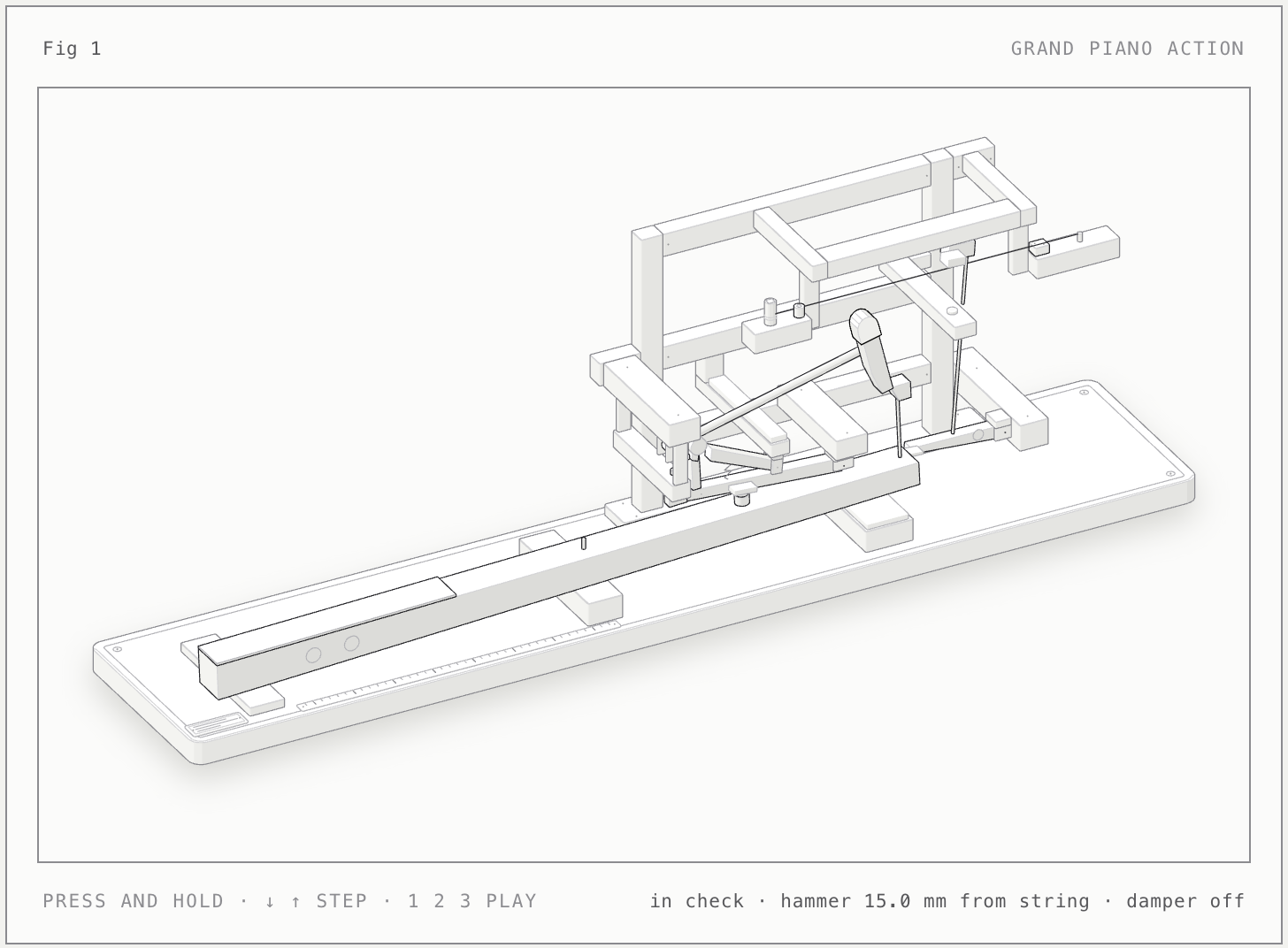 The grand piano action figure, caught with the hammer in check after a loud note