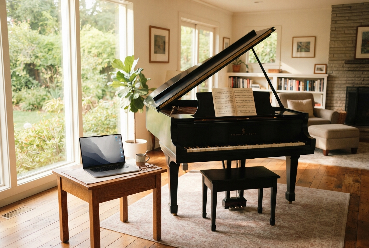 A grand piano in a sunlit room with a laptop open on a small table beside it