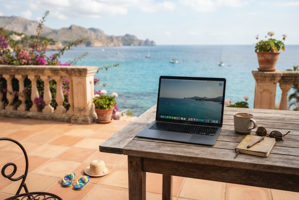 A laptop on a wooden table on a sunny terrace above the sea, small flip-flops on the tiles