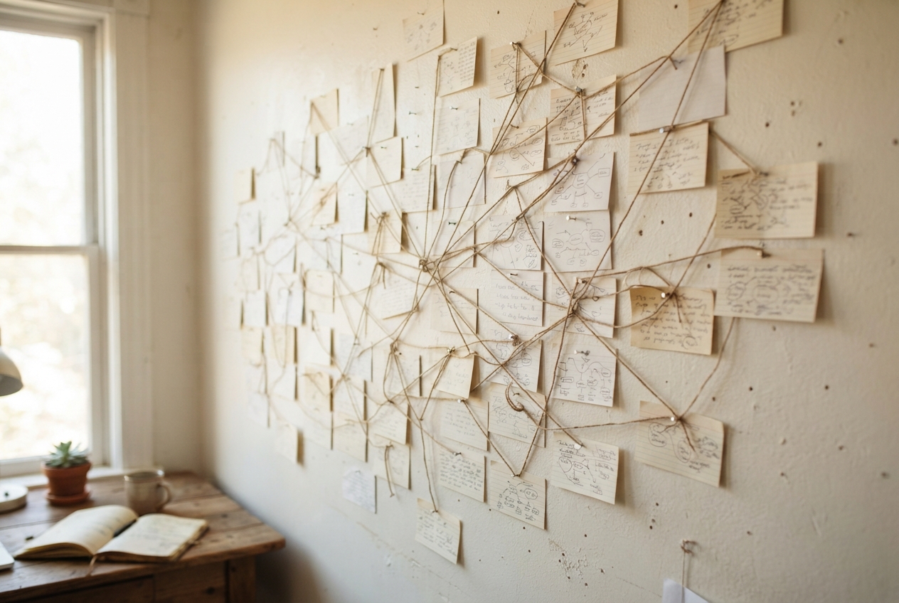 A study wall covered in index cards connected with string