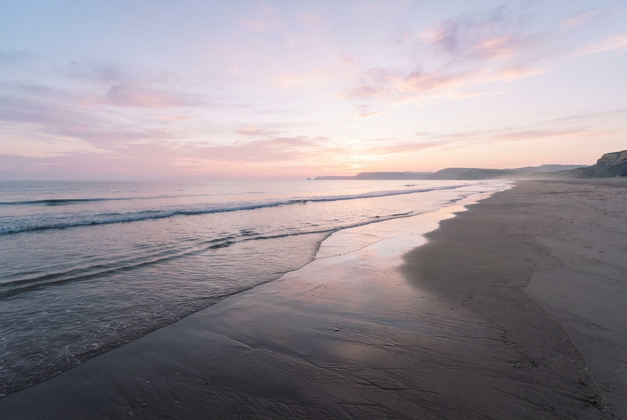 An empty beach at dawn with calm water and a pastel sky