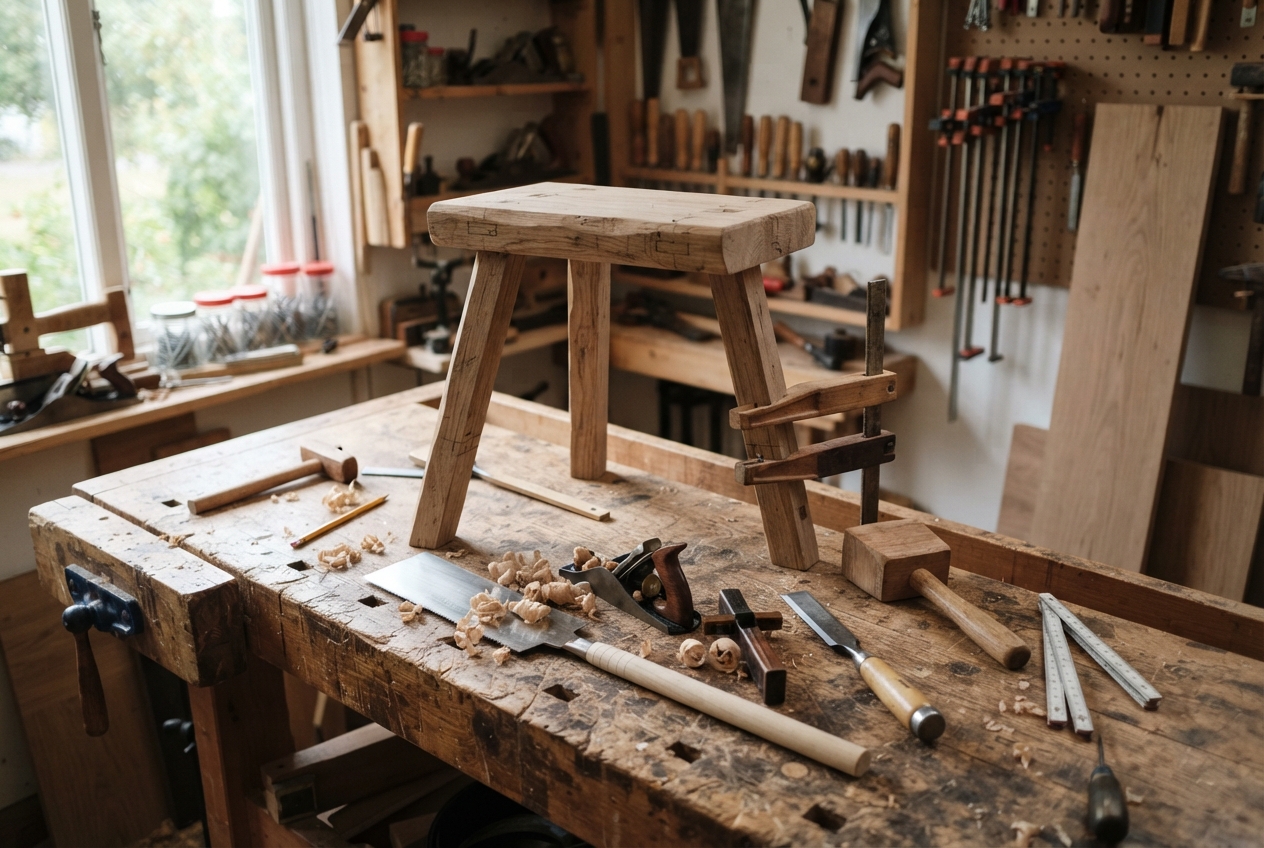 A half-finished wooden stool on a carpenter's workbench with the tools used to make it