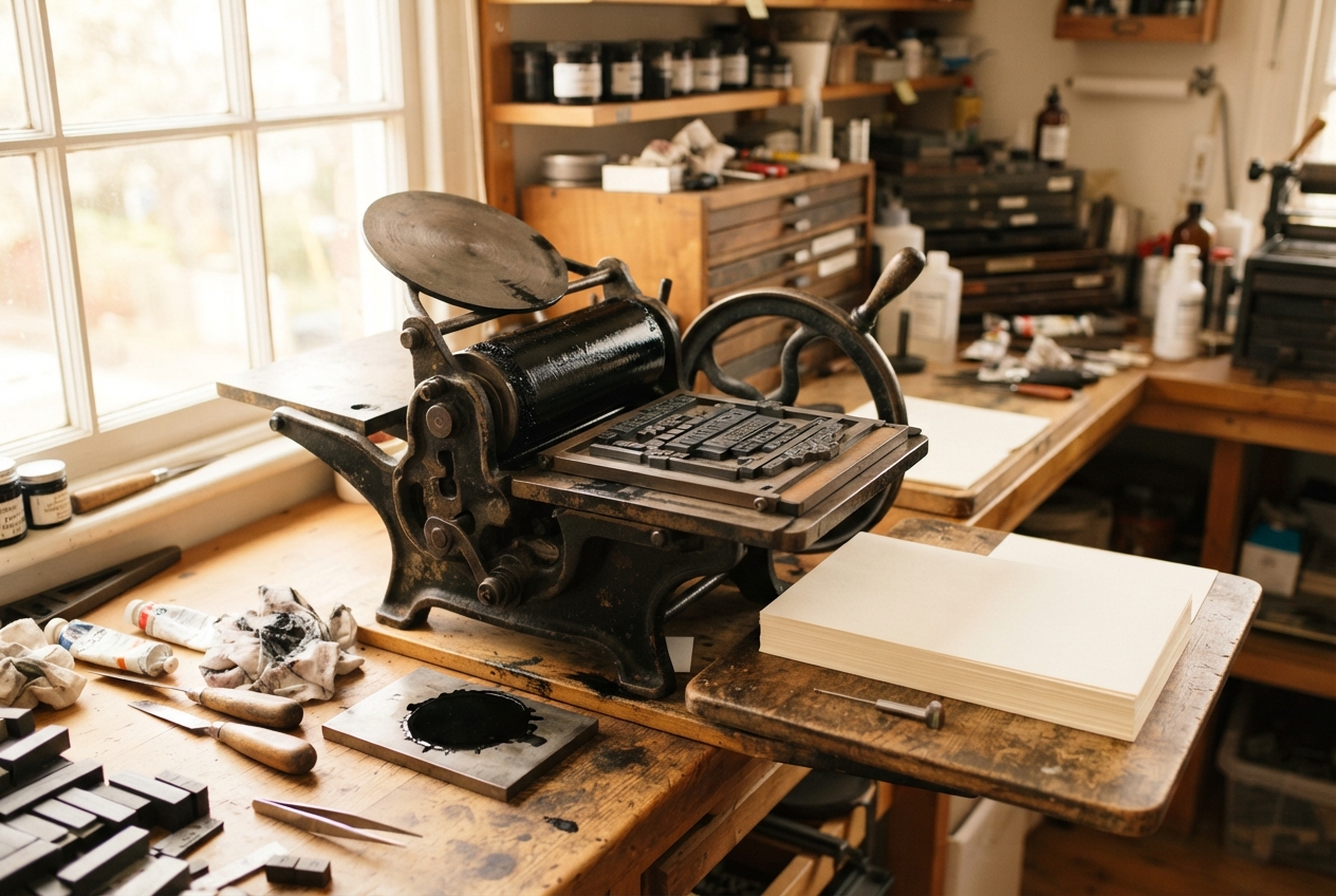 A small vintage printing press in a bright workshop with a stack of blank paper
