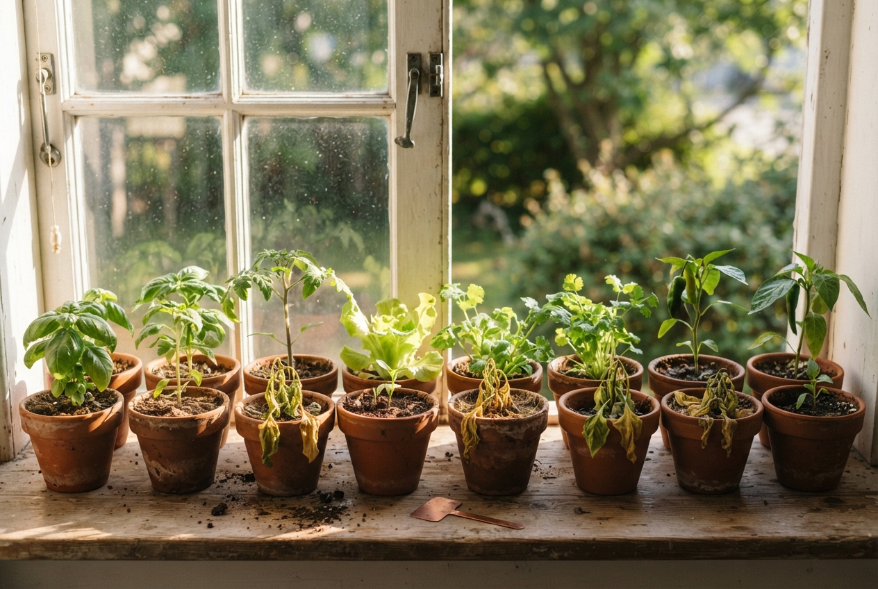 A row of potted seedlings on a sunny windowsill, most thriving and a few wilted