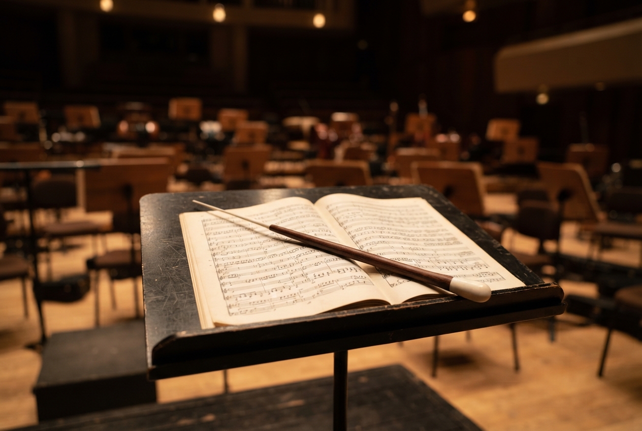 A conductor's baton resting on an open score, an empty orchestra behind it
