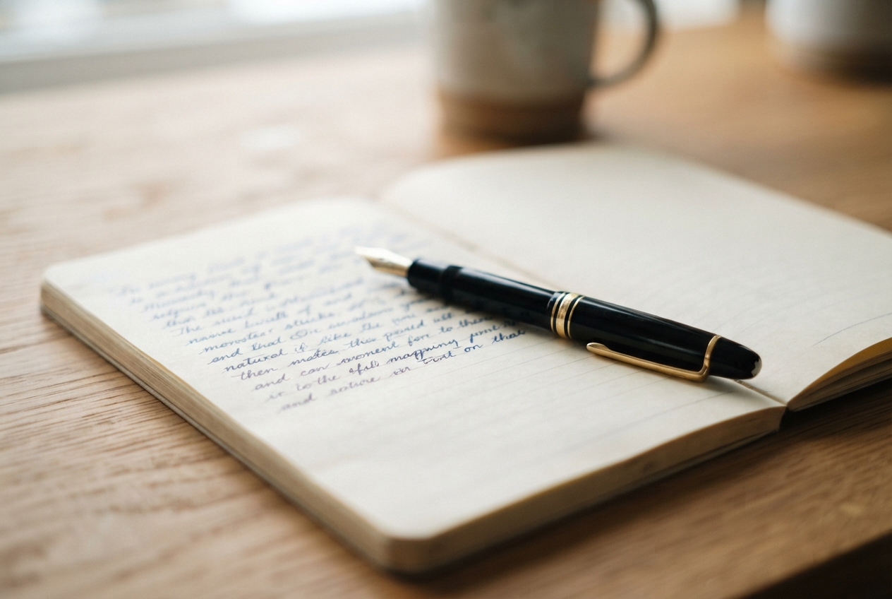 A fountain pen resting on an open notebook with handwritten lines