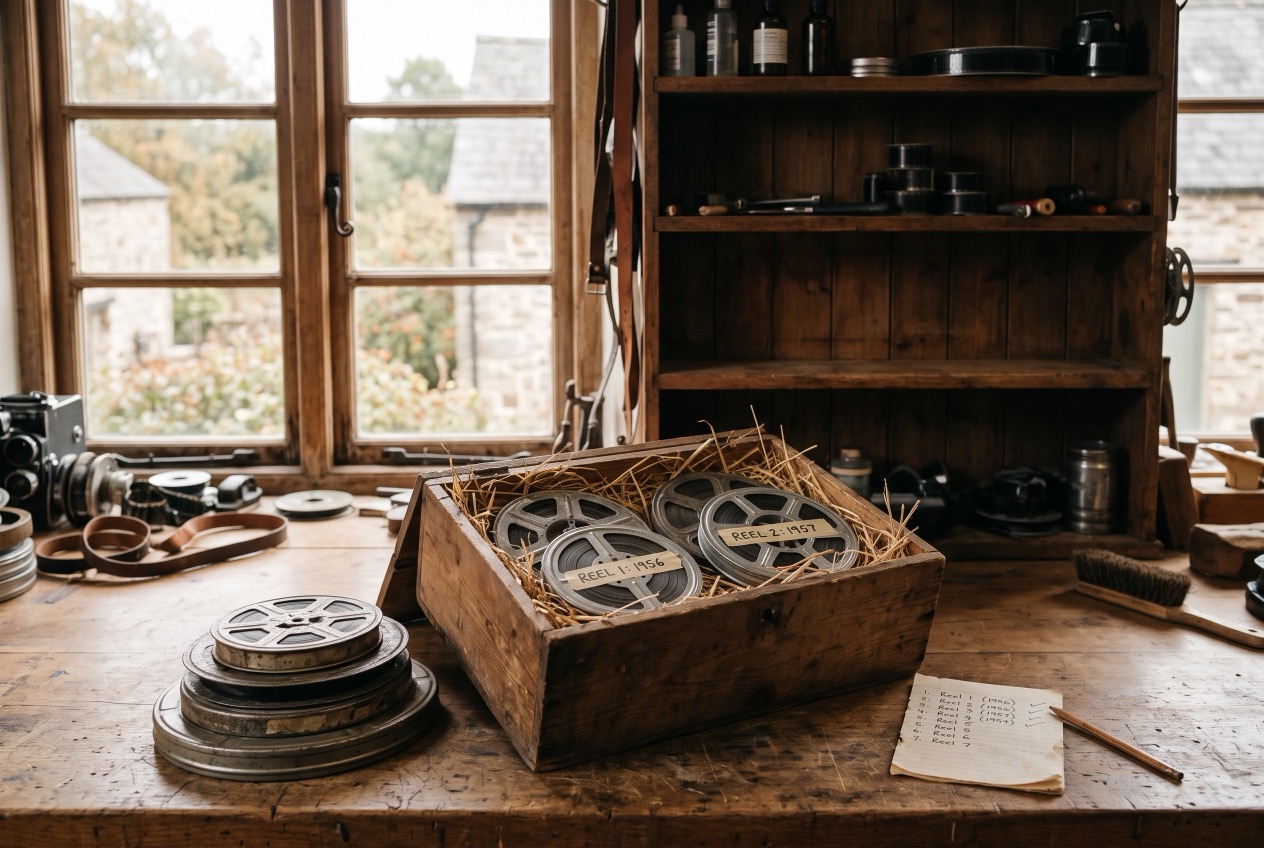 Old film reels packed in a wooden crate with straw on a sunlit workshop table, a handwritten checklist beside it