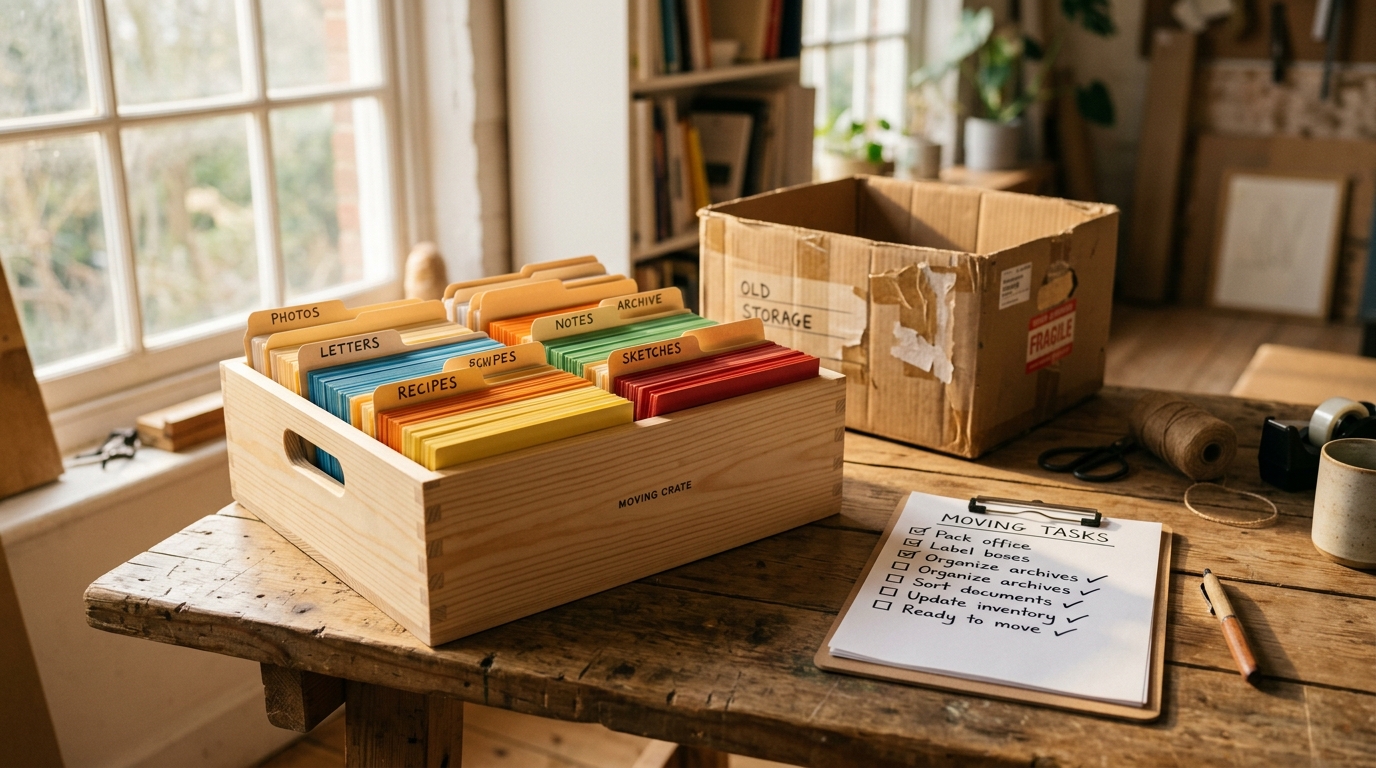 A wooden box of colour-coded index cards labelled Photos, Letters, Recipes, Notes, Sketches and Archive, next to a worn cardboard box marked Old Storage and a moving-tasks checklist on a clipboard